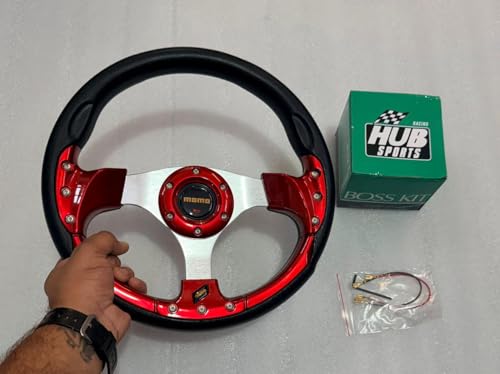 Image of RED 12INCH Universal Round Steering Wheel for Sports Car Look Rally Race Off Road with HUB Free