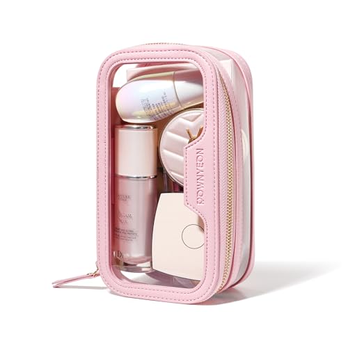 ROWNYEON Waterproof Toiletry Organizer Train Case, CLear Travel Makeup Bag for Women，Transparent Cosmetic Bag，Portable Makeup Case Organizer (pink)