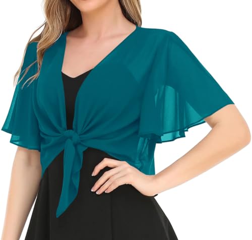 Image of Women's Solid Puff Sleeve Kimono Short Cardigan Loose Cover Up Casual Blouse Top Chiffon