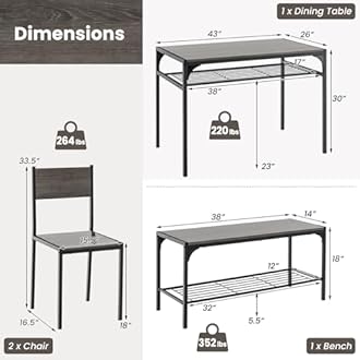 Tangkula Dining Table Set for 4, Kitchen Table with Bench and Chairs, Additonal Storage Rack, Modern 4-Person Dinette for Kitchen, Dining Room