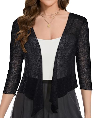Image of Women Crop Cardigan Sheer Mesh Bolero Shrug for Dress Tie Front 3 /4 Sleeve Tops