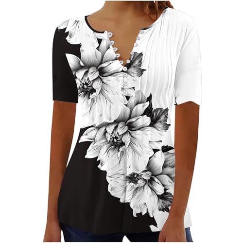SMIDOW Women Tops Dressy Casual Summer Tops for Women 2026 Trendy Boho Floral Print Tunic Shirts Short Sleeve Button v Neck Tshirt Casual Loose Blouse Blouses for Women Dressy Casual Black L