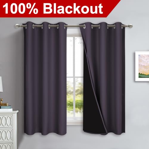 Image of NICETOWN 100% Blackout Short Curtains with Black Liners, 2 Panels, 37 inch W by 63 inch L, Greyish Purple, Thermal Insulated Full Blackout 2-Layer Lined Drapes, Energy Efficiency Window Drapes for Bedroom