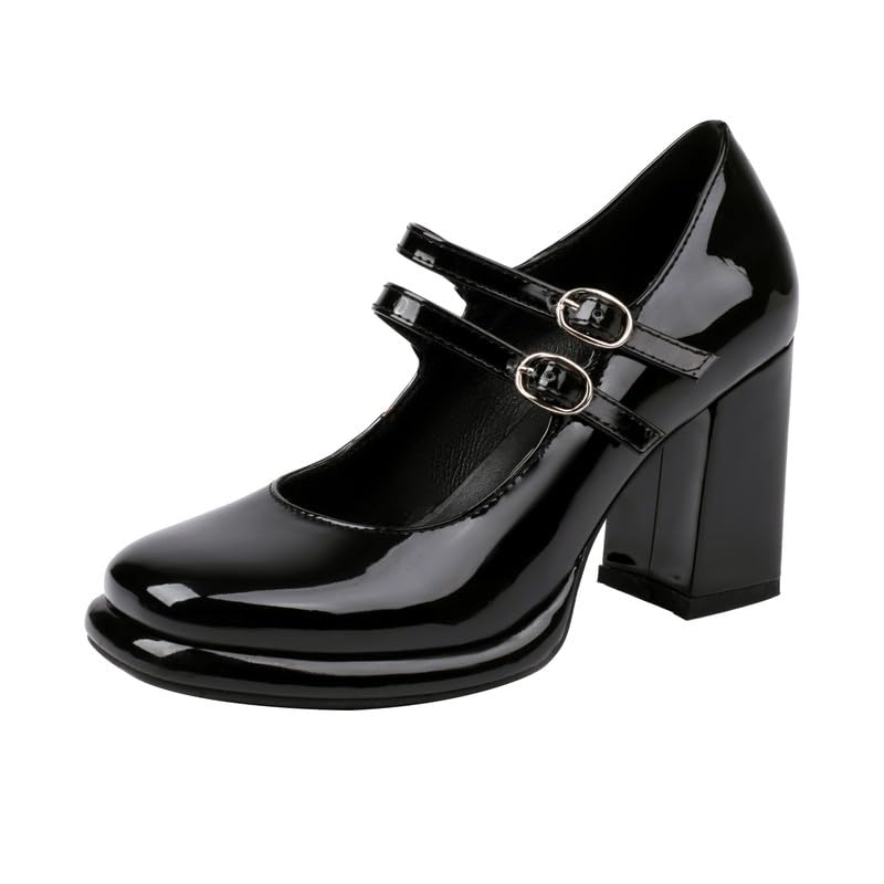Elbslutt Women's Patent Leather Chunky Heel Mary Janes Pumps Platfrom High Block Heels Close Square Toe Pumps Shoes with Buckle Strap for Office Party