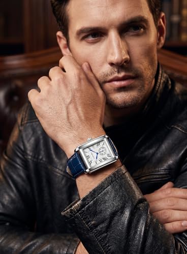 Image of LONGBO Mens Watch Rectangular Shape Alloy Case Business Casual Genuine Leather Strap with Seconds Subdial | Calendar Date | Scratch Resistant Waterproof Watches for Men