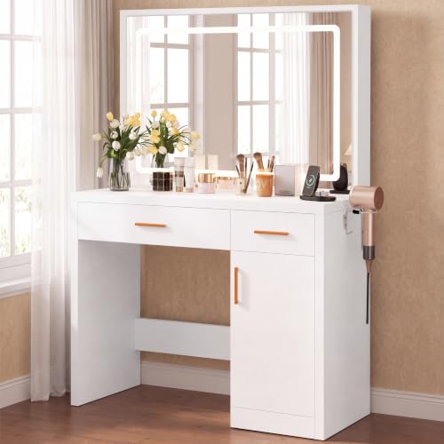 Image of Sweetcrispy 35 inch Large Vanity Desk with LED Lights Mirror & Power Outlet