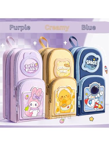 Image of Invite Multi-Functional Soft Pencil Case for Girls - Large Capacity Zipper Pouch with Multiple Compartments - Aesthetic Stationery Organizer for School, College & Office (Purple Cute Rabbit)