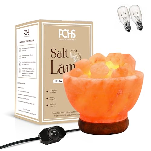 POHS Himalayan Pink Salt Fire Bowl Lamp with Salt Crystal Chunks, dimmable Switch Electrical Cord, with Replaceable Bulbs, Premium Wood Base
