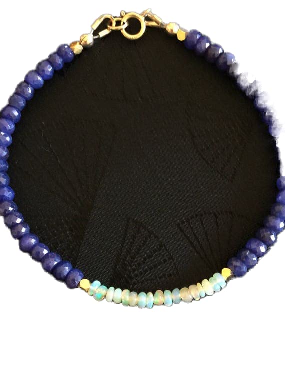 Bracelet opale éthiopienne et saphir bleu en perles rondelles facettées 3-4mm avec fermoir doré