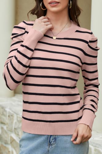 Womens Striped Trendy Sweaters Puff Long Sleeve Knit Lightweight Pullover — view 3