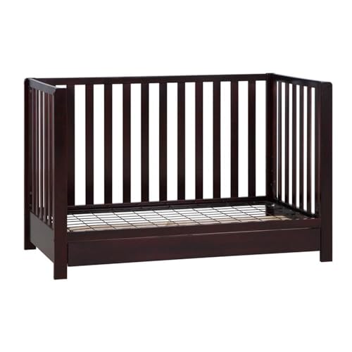 Image of Pemberly Row 4-in-1 Convertible Crib with Drawer, New Zealand Pine Wood, Espresso Finish, 3-Position Adjustable Mattress Support, Modern Nursery Furniture, Converts to Toddler Bed, Daybed, Full-Size