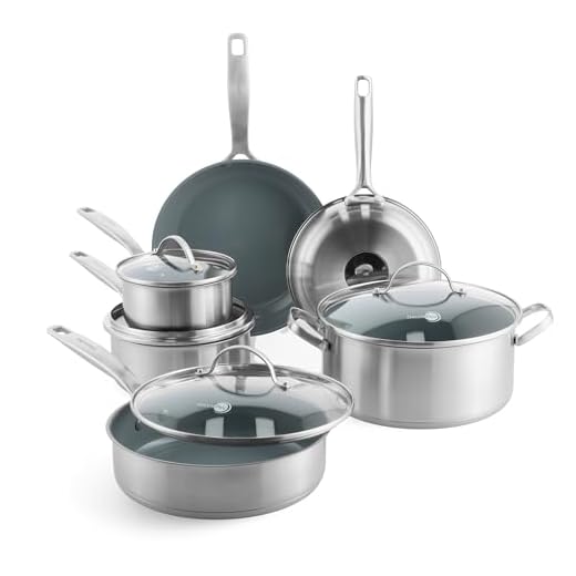 GreenPan Treviso Keramisch Anti-aanbak RVS Kookgerei, 10 stuks, Inclusief Koekenpannen Sauteerpan en Sauspan, PFAS-vrij, Inductie, Ovenbestendig, Vaatwasmachinebestendig, Grijs & Zilver Plated