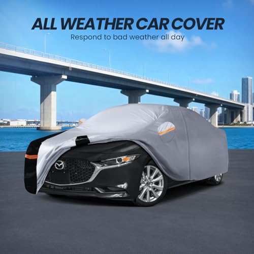 Image of Multi-Layer Car Cover Custom Fit for Mazda 3 Sedan (2003-2026), 100% Waterproof All Weather for Automobiles, Gift with Towel, Heavy Duty Car Covers for Rain Sun UV Protection with Door Zipper.