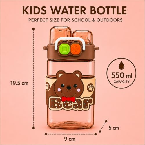 Image of Toy Imagine Cute Bear Water Bottle for Kids(550ml) BPA-Free Leak-Proof Sipper Bottle with Straw, Dual Drinking Lid, Carry Strap & Handle, Cute Cartoon Water Bottle for School, Travel & Outdoor Activities (Brown)