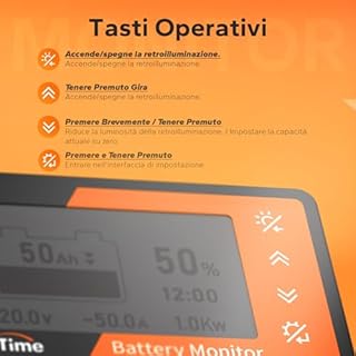 LiTime Battery Level Monitor con Shunt, Monitor del Livello della Batteria da 500A 8V-120V con Schermo LCD Retroilluminato, Allarme con Cicalino per Camper, Carrello da Golf, Pannello Solare