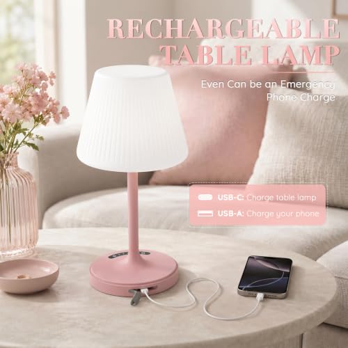 Image of Waterproof Shower Lamp, 4000mAh Cordless Table Lamp, 3-Color Dimmable -Pink | touch dimmable, weighted base, bathroom shower light, patio dinner, RV camping, charge your phones, memory night light