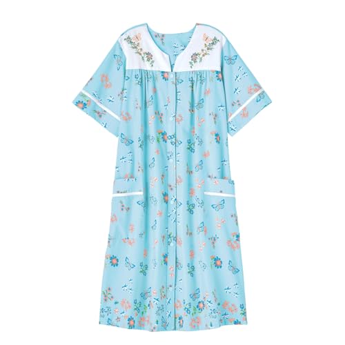 Image of AmeriMark Women Calf-Length Snap Front Knit Duster House Coat Robe - Loose-Fitting Plush Bathrobe - Short Sleeve Bath Robe