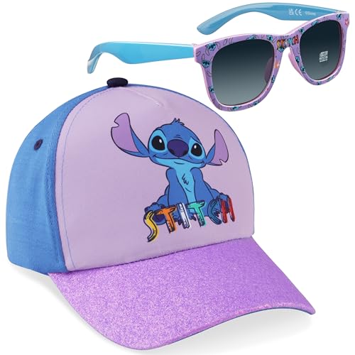 Disney Stitch Sonnenbrille Set mit Baseball Cap Mädchen Verstellbar Sonnenschutz Kappe UV400 Sonnen Brille Geschenke für Kinder (Lila Stitch)