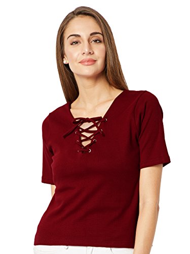 Image of Miss Chase Women's Cotton Slim Fit V Neck Criss-Cross Tie Up Top