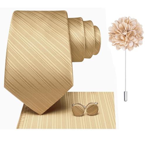 Image of Hi-Tie Men Silk Ties Set with Flower Lapel Pin Necktie Pocket Square Cufflinks for Tuxedo Wedding Business