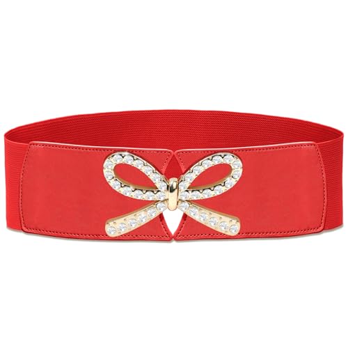 Women Wide Stretchy Belts Bow Rhinestone Alloy Buckle Elastic Waist Belt for Dresses Jumpsuits Coats