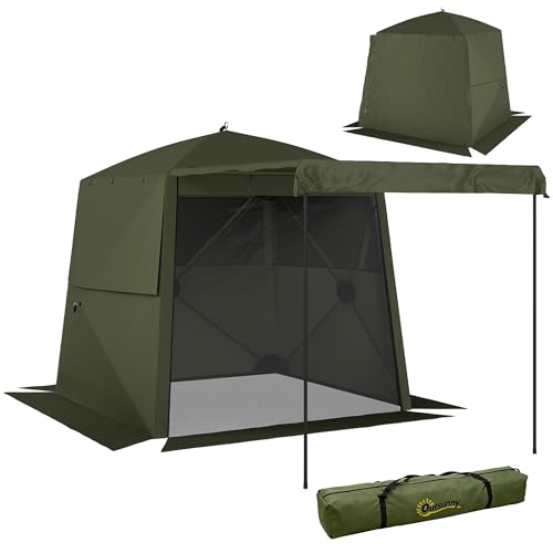 Outsunny 2 x 2 m Pop Up Gazebo with Awning, Waterproof Instant Shelter for Garden BBQ, Fishing, Camping, Easy Setup Garden Gazebo with Sides, Mesh Windows & Carry Bag, Army Green