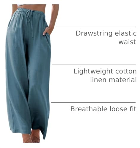 Image of Duyang Womens Cotton Linen Palazzo Pants Drawstring Elastic Waist Casual Wide Leg Trousers with Pockets