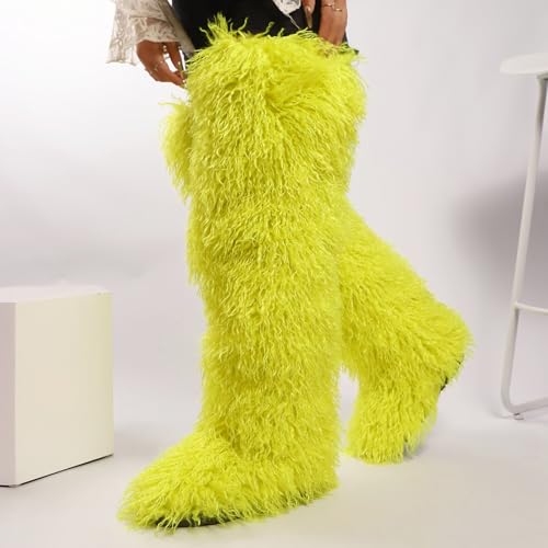 Image of Black Thigh High Fur Boots, Over the Knee Fluffy High Boots, Tall Furry shoes for Women