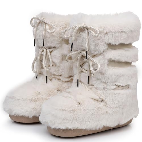 Fur Boots for Women, Furry Faux Fur Fuzzy Fluffy Women Snow Boots with Fur Lined Black White Pink Mid-Calf Winter Boots