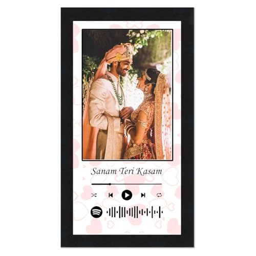 Image of Personalized Gift Musical Wall Photo Frame - Customized Spotify Song with Scanable Barcode for Wedding and Couple Gifts - Size (6x12) Inch, Heart | 1 Piece Rectangle, wood