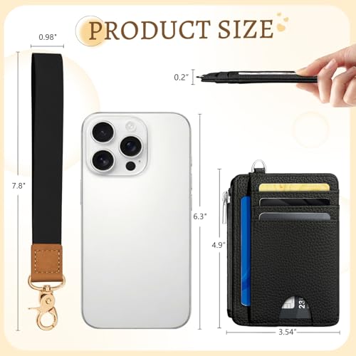 Image of Kelvoris Black Slim Wallet Women Credit Card Holder, Small RFID Wristlet | Keychain, Zipper Coin Pocket, Front Pocket Thin Travel Card Case, Minimalist, 6 Card Slots, 1 ID Window, Ladies Gifts Woman