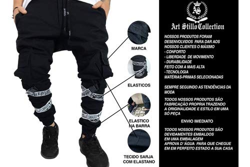 Calça Jogger Masculina Preta Sarja Com Fitas Tamanho:44;Cor:Preto