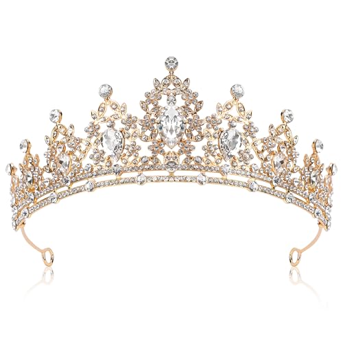 Gold Crown Tiara for Women Queen Crown Rhinestone Wedding Birthday Hair Accessories Costume Party Halloween Decor Prom Gifts (Gold White)