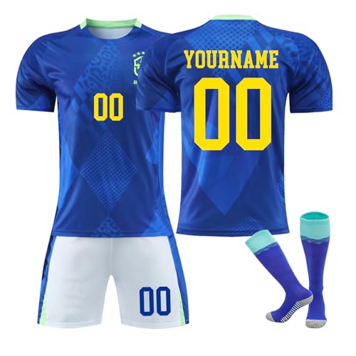 Brazil Football Kits for Kids, Personalised Football Shirt with Name Number, Training Shirts Shorts and Socks Set, Sports Outfit Custom Jersey Gifts for Boys and Men
