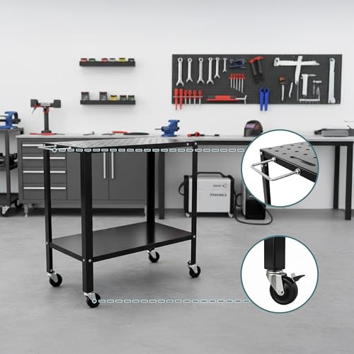 Mesa de Trabajo para Taller con Ruedas y Panel Perforado para Guardar Herramientas Manuales 6