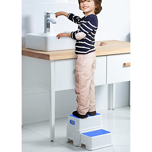 Image of Victostar 2 Step Stool for Kids, Anti-Slip Sturdy Toddler Two Step Stool for Toilet Potty Training, Bathroom,Kitchen (Blue)