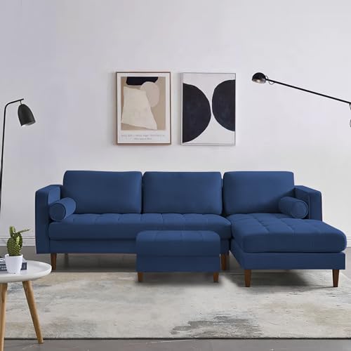 Image of Lezra RHS 4 Seater L Shape Sofa Set with Center Table for Living Room (Blue Fabric) Premium Fabric Sofa