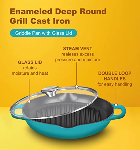 Bruntmor Enameled Cast Iron Skillets Deep Round Griddle Grill Pan With Glass Lid|10 Inch Frying Pan Cast Iron Skillets With Double Loop Handles With Lid Safe For Oven & All Cooking Tops, Blue #TOP5