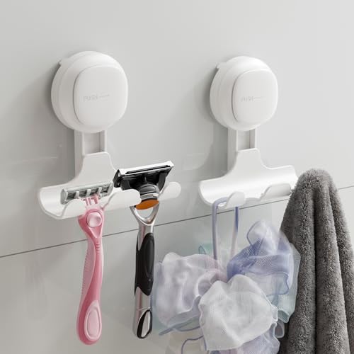 Image of TAILI Suction Cup Razor Holder for Shower 2 Pack, Upgraded Visible Safety Indicator, Rust-Resistant Bathroom Organizer, No-Drill Glass Shower Wall Hook for Towel, Loofah, Razor, Squeegee, Easy to Use
