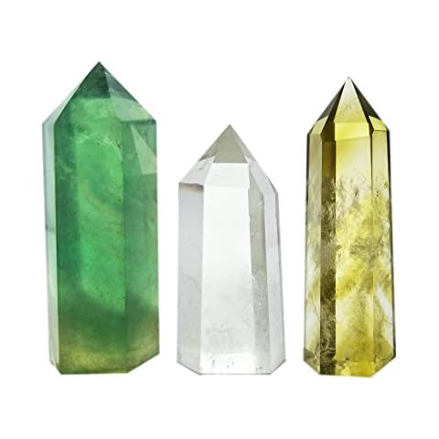 Set of 3 Crystal Wands of Clear Quartz, Yellow Quartz & Fluorite Stone,Pointed & Faceted for Healing Reiki Chakra Meditation Therapy Decor Cover