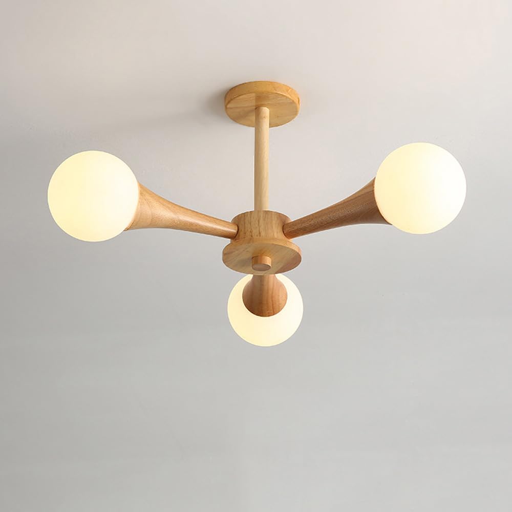 Plafonnier moderne verre laiteux 3 lampes semi-encastré bois pour cuisine