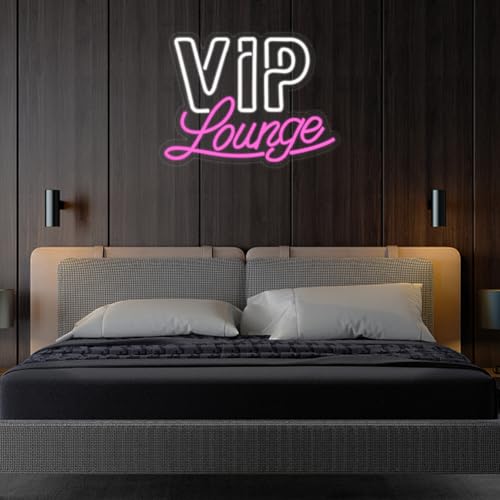 Image of VIP Lounge Neon Signs for Wall Decor, LED Neon Lounge Sign for Room, Pink White Letters Neon Signs USB Powered Neon Wall Signs for Bar, Hotel, Cafe, VIP Room, Man Cave, Club, Beauty Salon