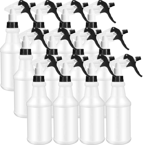 Eccliy 12 botellas de plástico de 16 onzas, a prueba de fugas, vacías y reutilizables para limpieza, agua, detalles de automóviles o baño y cocina, comercial y residencial (negro, blanco)