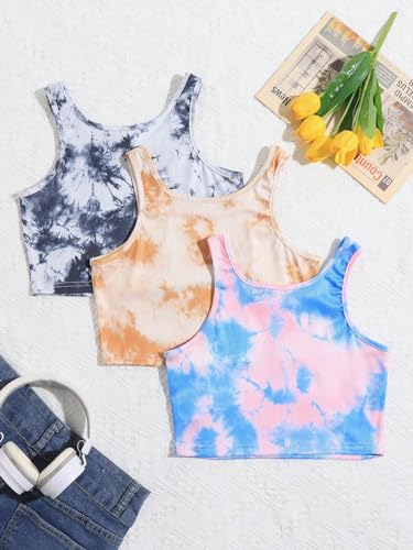 WDIRARA Girl's 3pcs Tie Dye Crop Tank Top Set Round Neck Sleeveless Casual Tank2