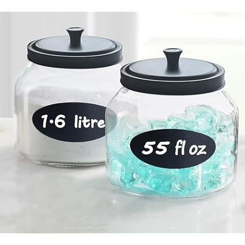 HomeyHoney 55 fl oz. Clear Glass Jars with Black Metal Lids Set, Food Storage Containers for Cookie Candy Flour Coffee Pods. Laundry Room Organization Jars, Laundry Pods Container. (Set of 2) Cover