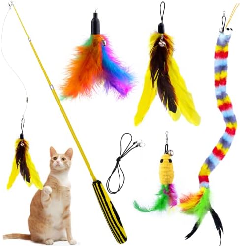 Cat Wand Toys for Indoor Cats, Retractable Cat Wand and Cat Feather Toys with 4PCS Teaser Refills Feathers Mouse Rainbow Ribbon Interactive Cat Toy with Bell Crinkle Paper for Cats Kitten