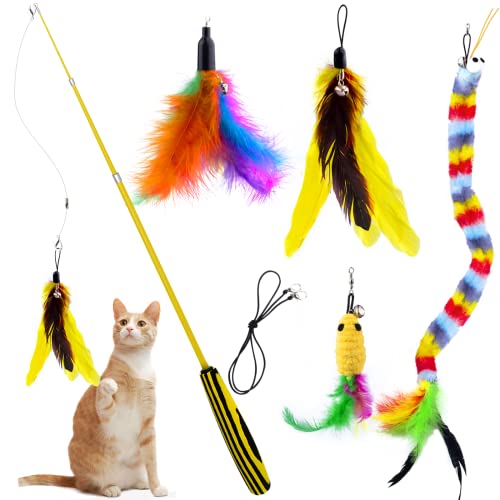 Cat Wand Toys For Indoor Cats, Retractable Cat Wand And Cat Feather Toys With 4Pcs Teaser Refills Feathers Mouse Rainbow Ribbon Interactive Cat Toy With Bell Crinkle Paper For Cats Kitten #TOP11