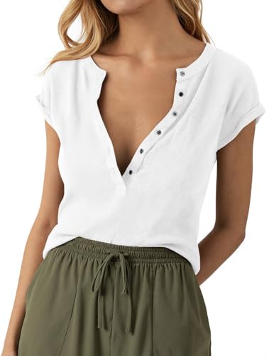 Womens Henley Shirts Short Sleeve Deep V Neck Low Cut Tops Casual Ribbed Knit T-Shirts Summer White