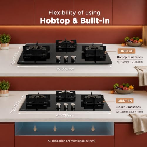 Image of Glen 77 CM 3 Burner Auto Ignition Glass Hob | 2 Triple Ring Forged Brass Burners | Built-in Gas Hob | Toughened Black Glass | 2 Years Standard Warranty & 5 Years Warranty | BH1073DFHT2TR77