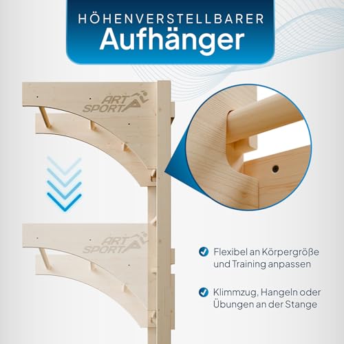 ArtSport Sprossenwand für Erwachsene – Indoor Klettergerüst aus Holz mit Klimmzugstange, stabile Kletterwand zur Wandbefestigung für Fitness & Training – Natur